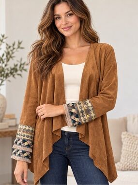 Camel Brown Faux Suede Open Front Jacket with Embellished Sleeves S
